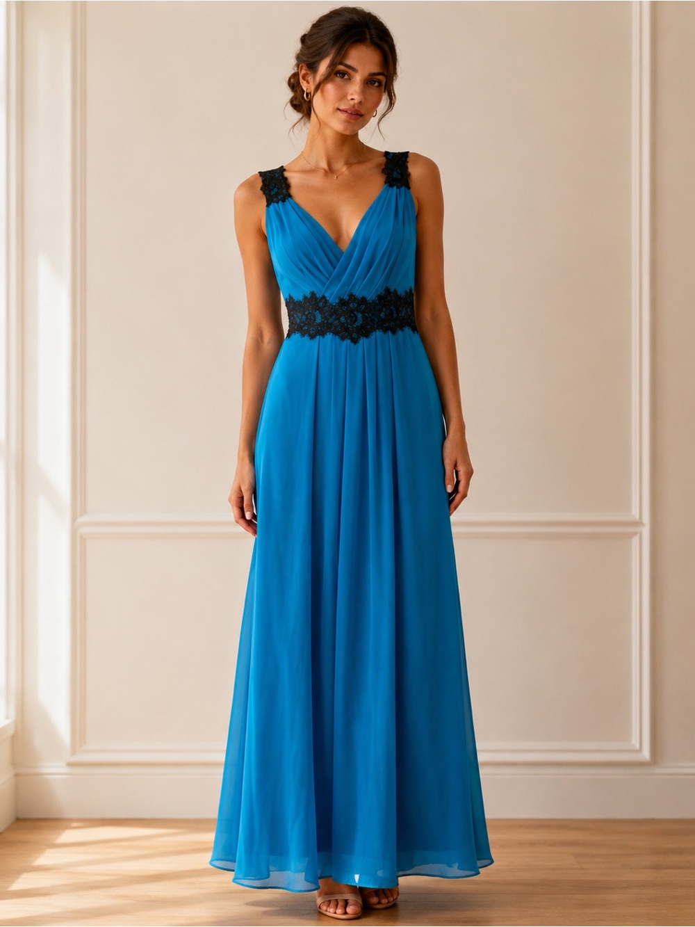SORELLA VITA Size 14 Turquoise Maxi Dress with Black Lace Waist and Straps